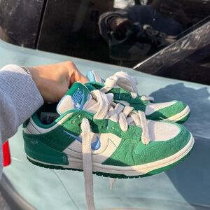 Green and blue suede Nike dunks